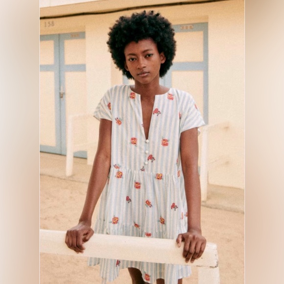 Sezane Saphir Dress in Embroidered Flowers on Blue Stripes Size 42 - Picture 11 of 11